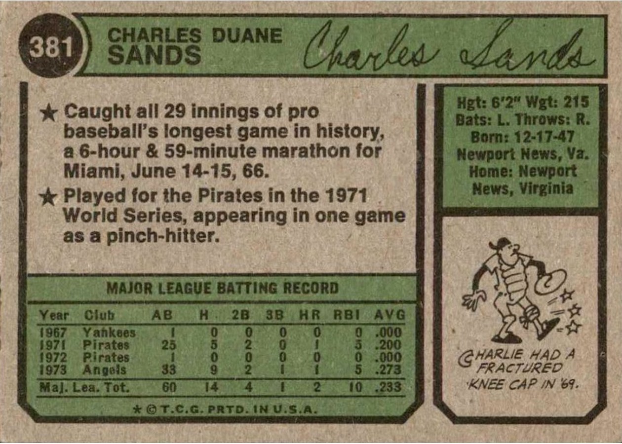 1974 Topps #381 Charlie Sands card back