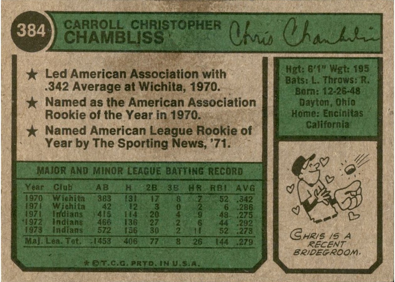 1974 Topps #384 Chris Chambliss card back