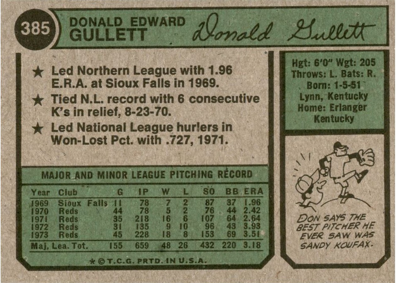 1974 Topps #385 Don Gullett card back