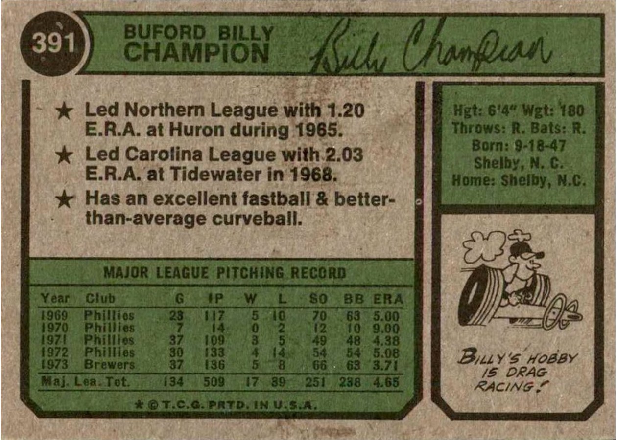 1974 Topps #391 Billy Champion card back