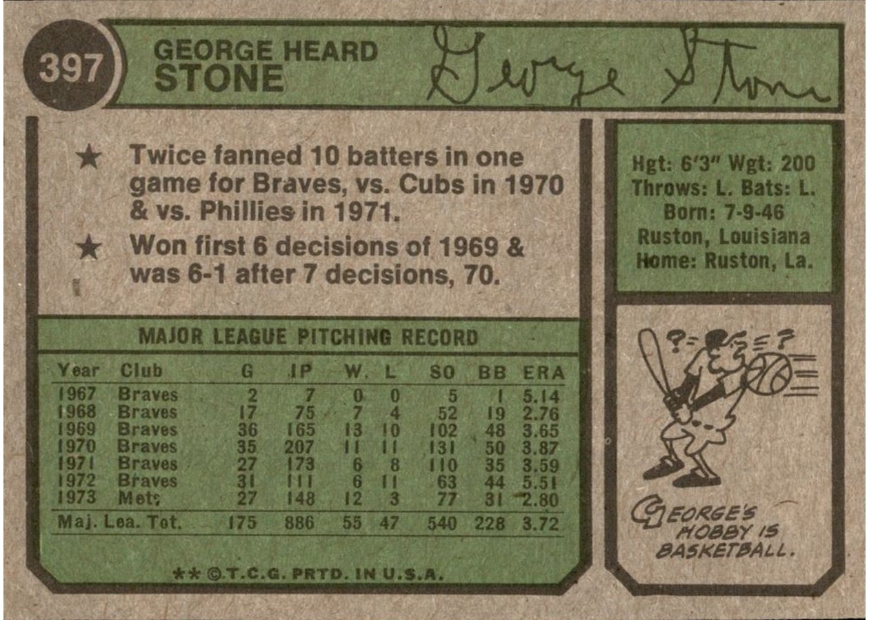 1974 Topps #397 George Stone card back