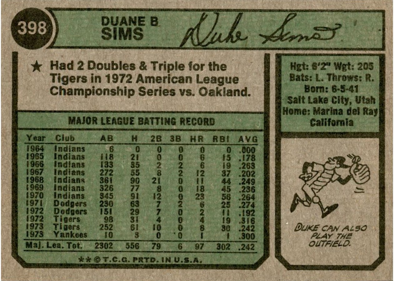 1974 Topps #398 Duke Sims card back