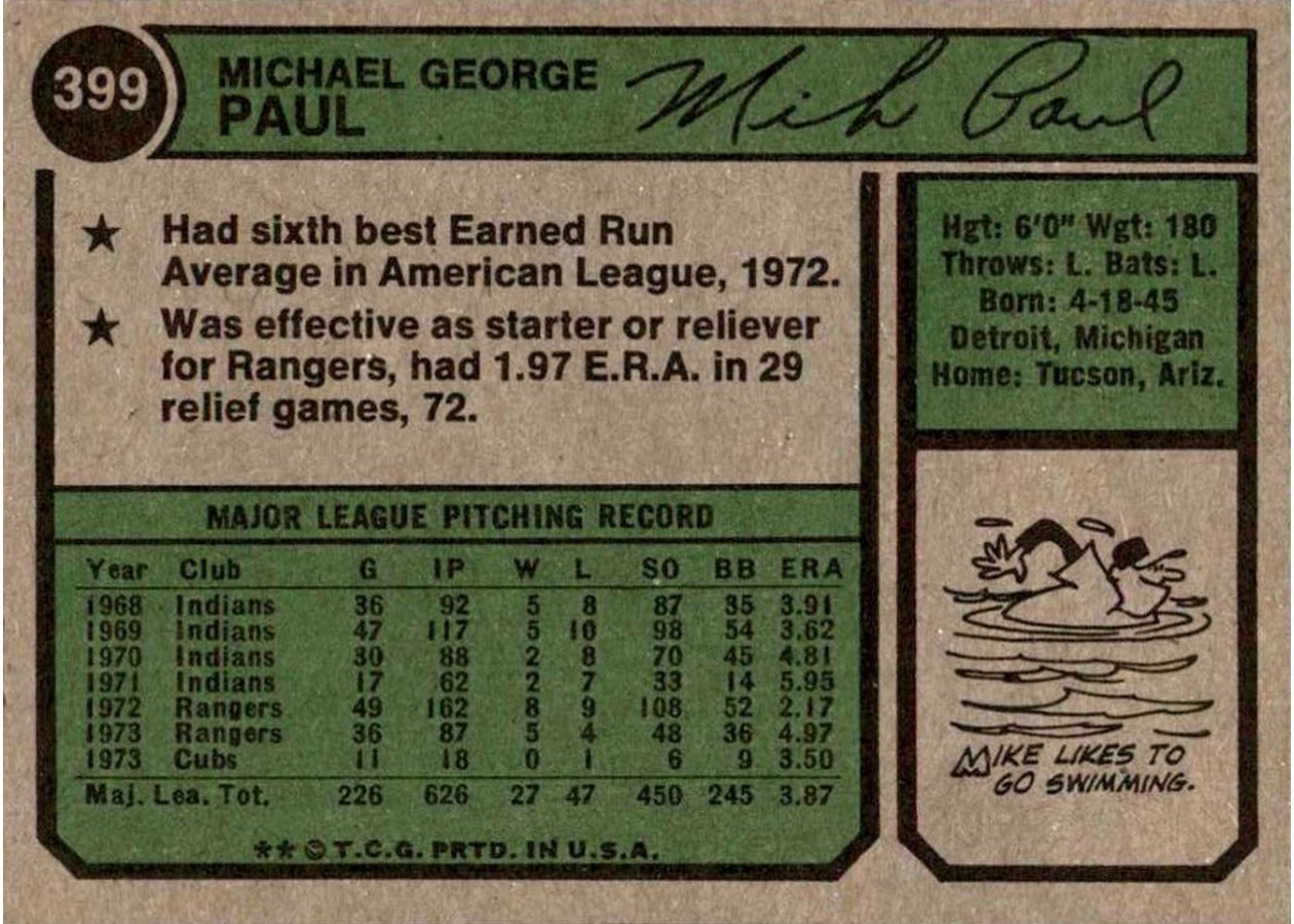 1974 Topps #399 Mike Paul card back