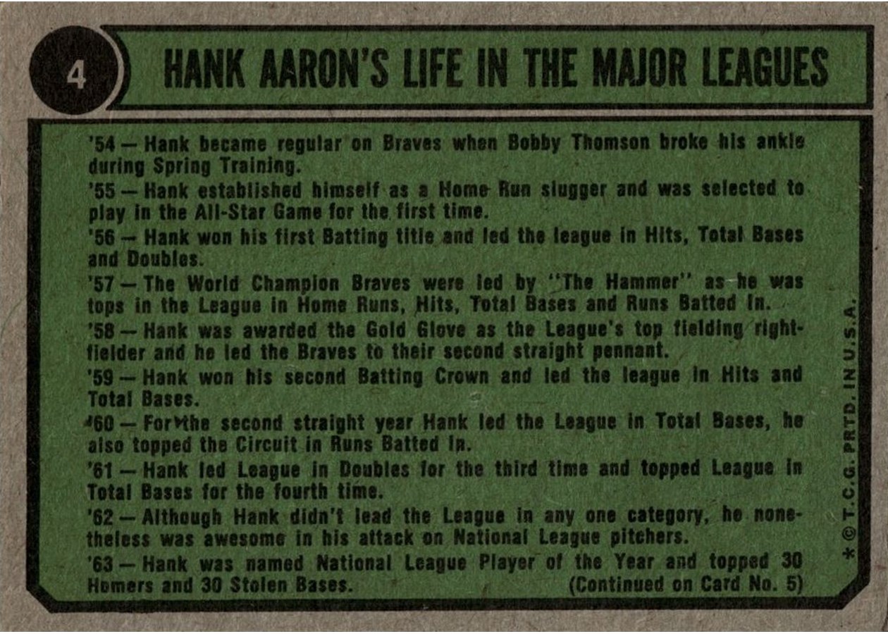 1974 Topps #4 Hank Aaron Special: 1962-1965 card back