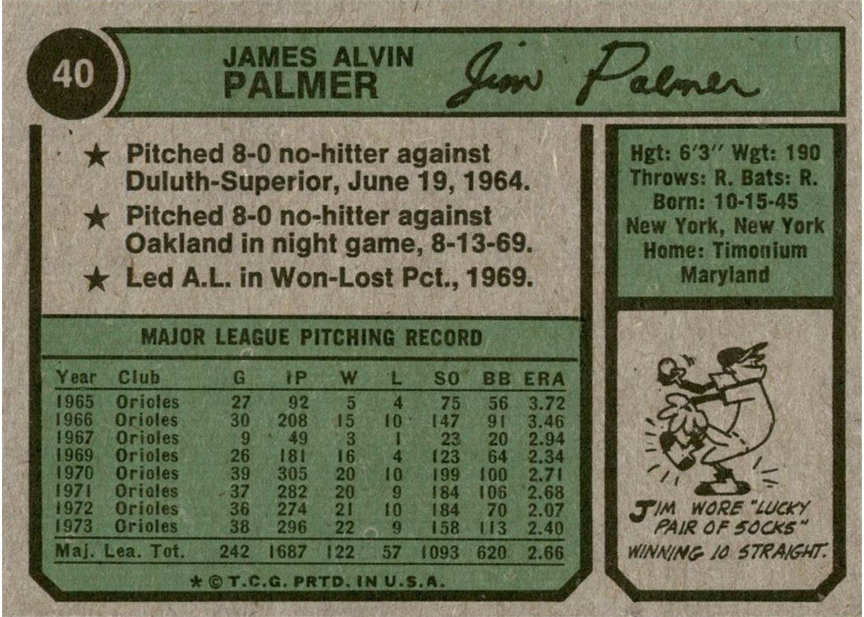 1974 Topps #40 Jim Palmer card back