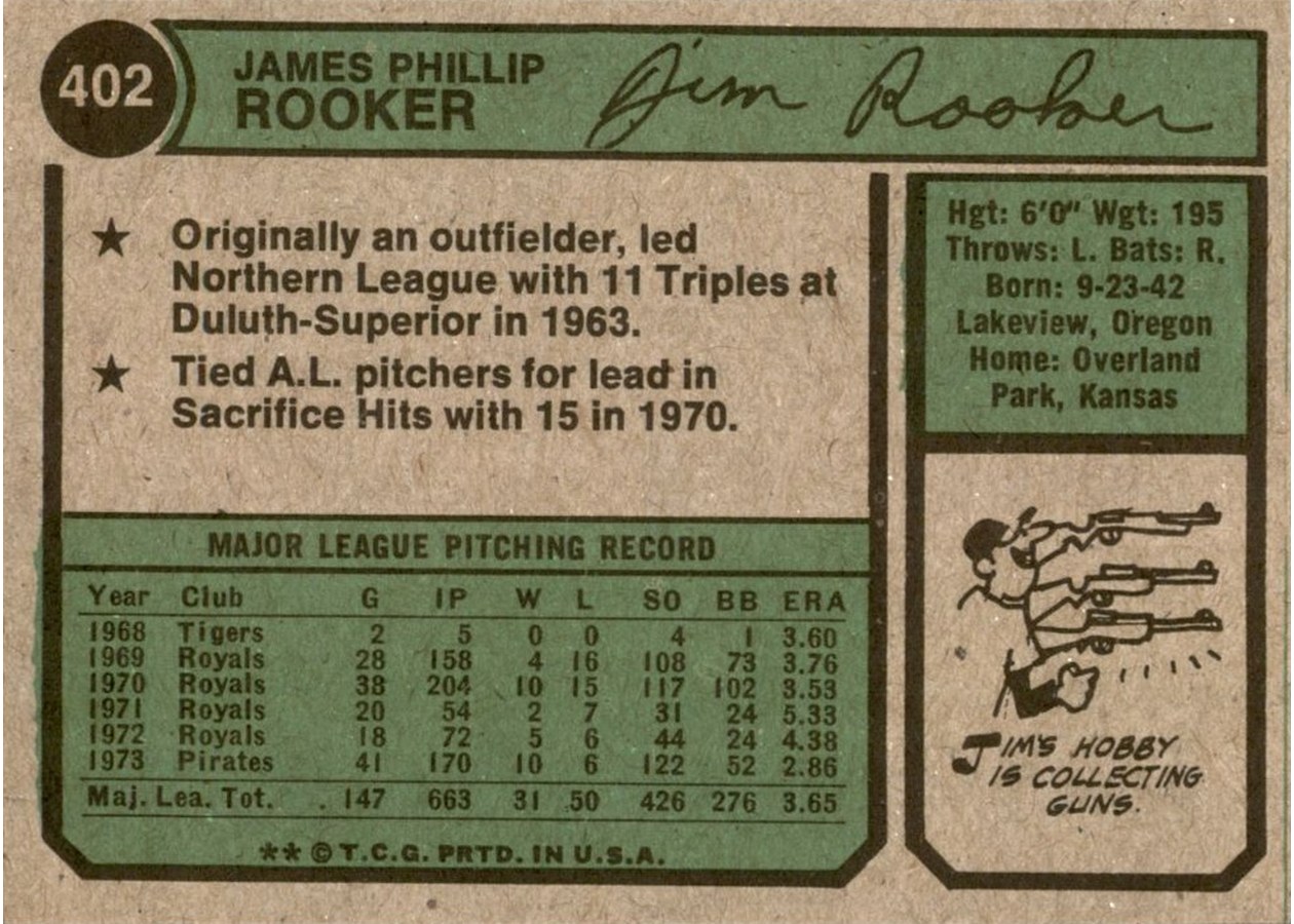 1974 Topps #402 Jim Rooker card back