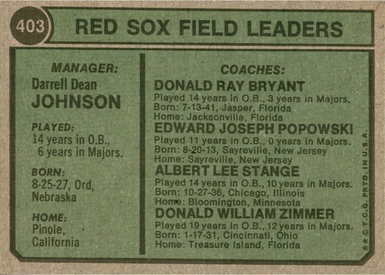 1974 Topps #403 Red Sox Field Leaders card back