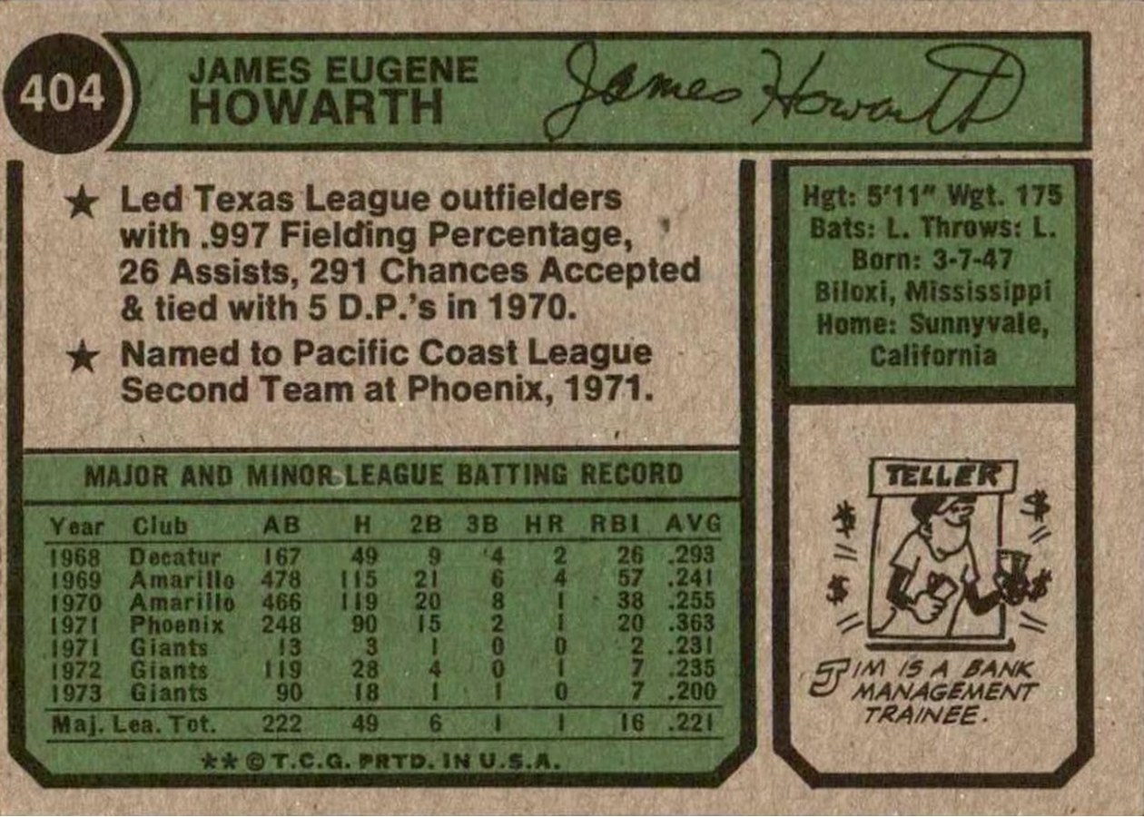1974 Topps #404 Jim Howarth card back