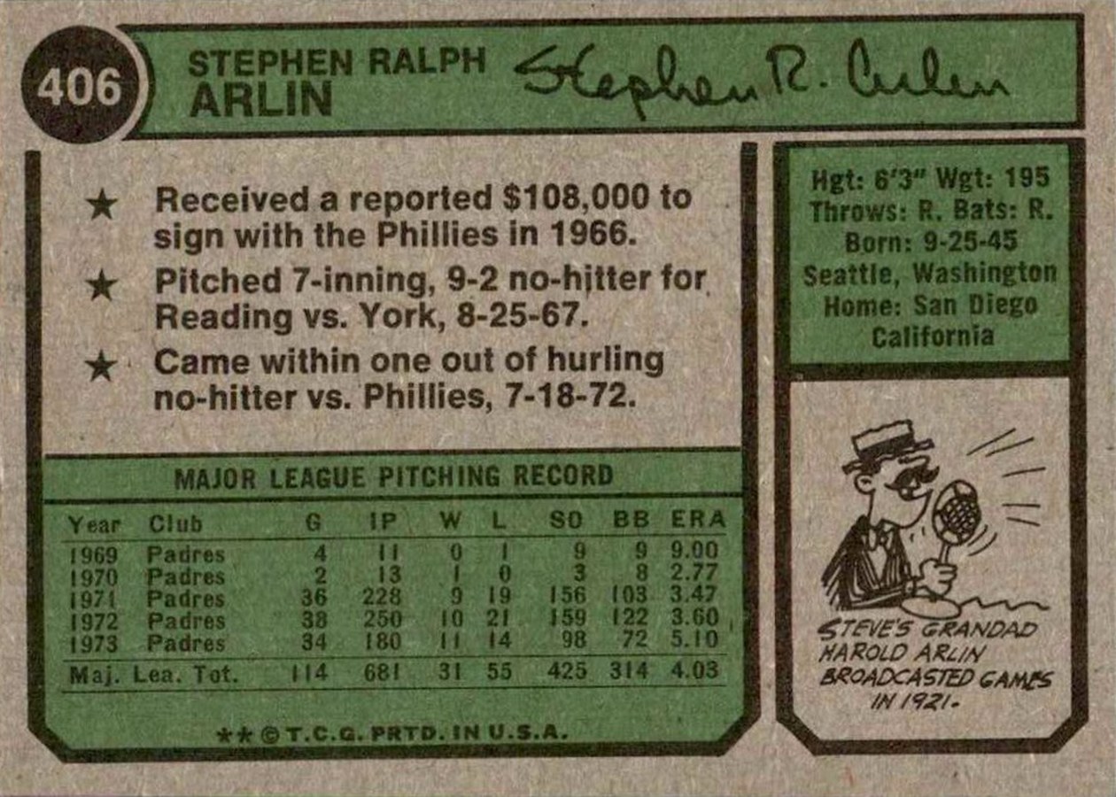 1974 Topps #406 Steve Arlin card back