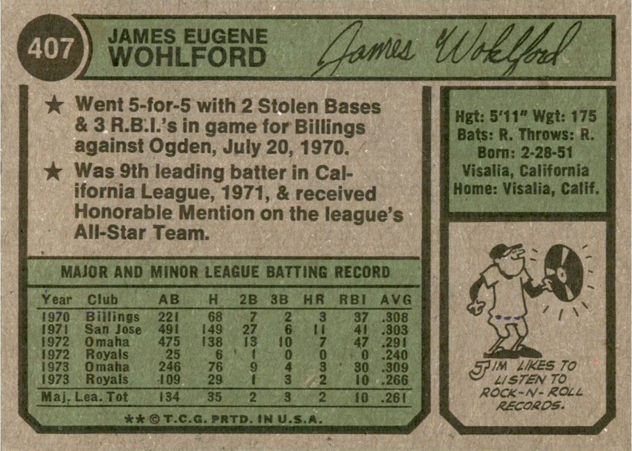 1974 Topps #407 Jim Wohlford card back