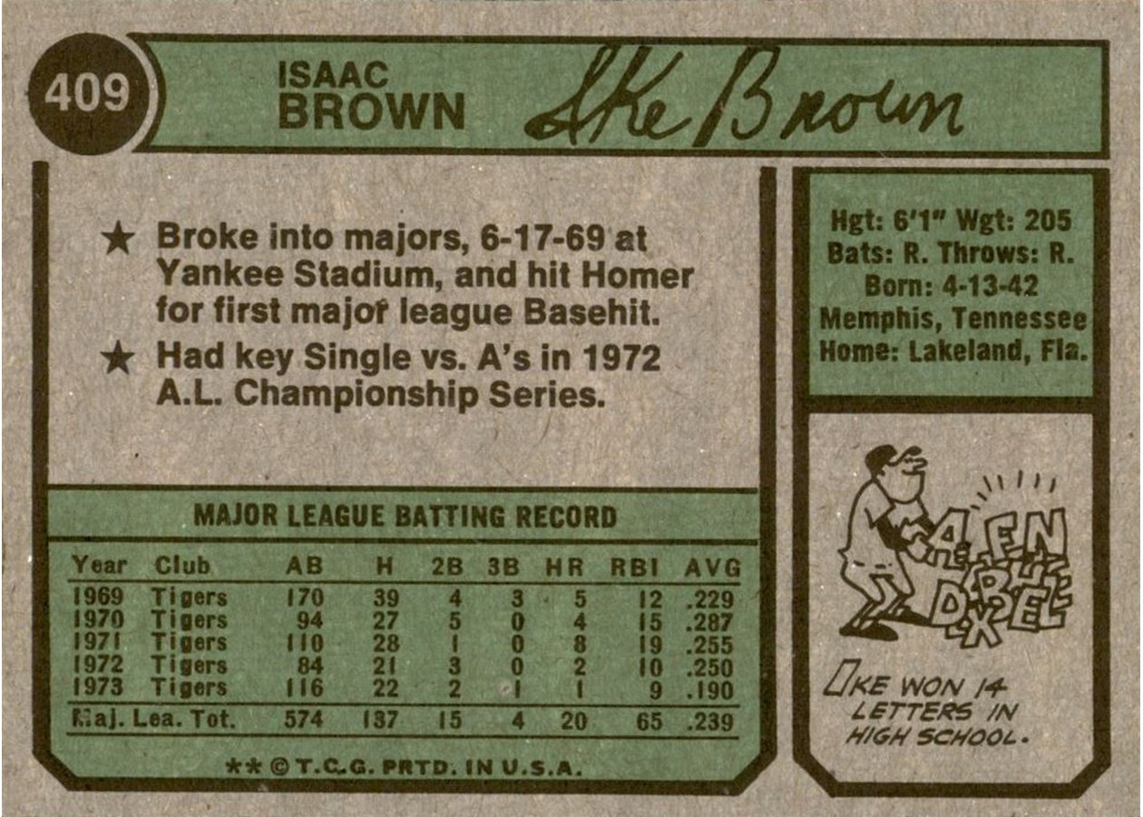 1974 Topps #409 Ike Brown card back