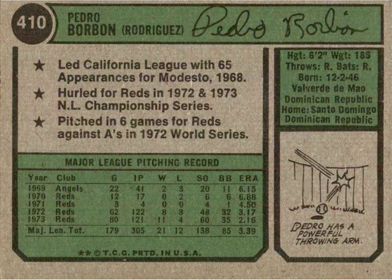 1974 Topps #410 Pedro Borbon card back