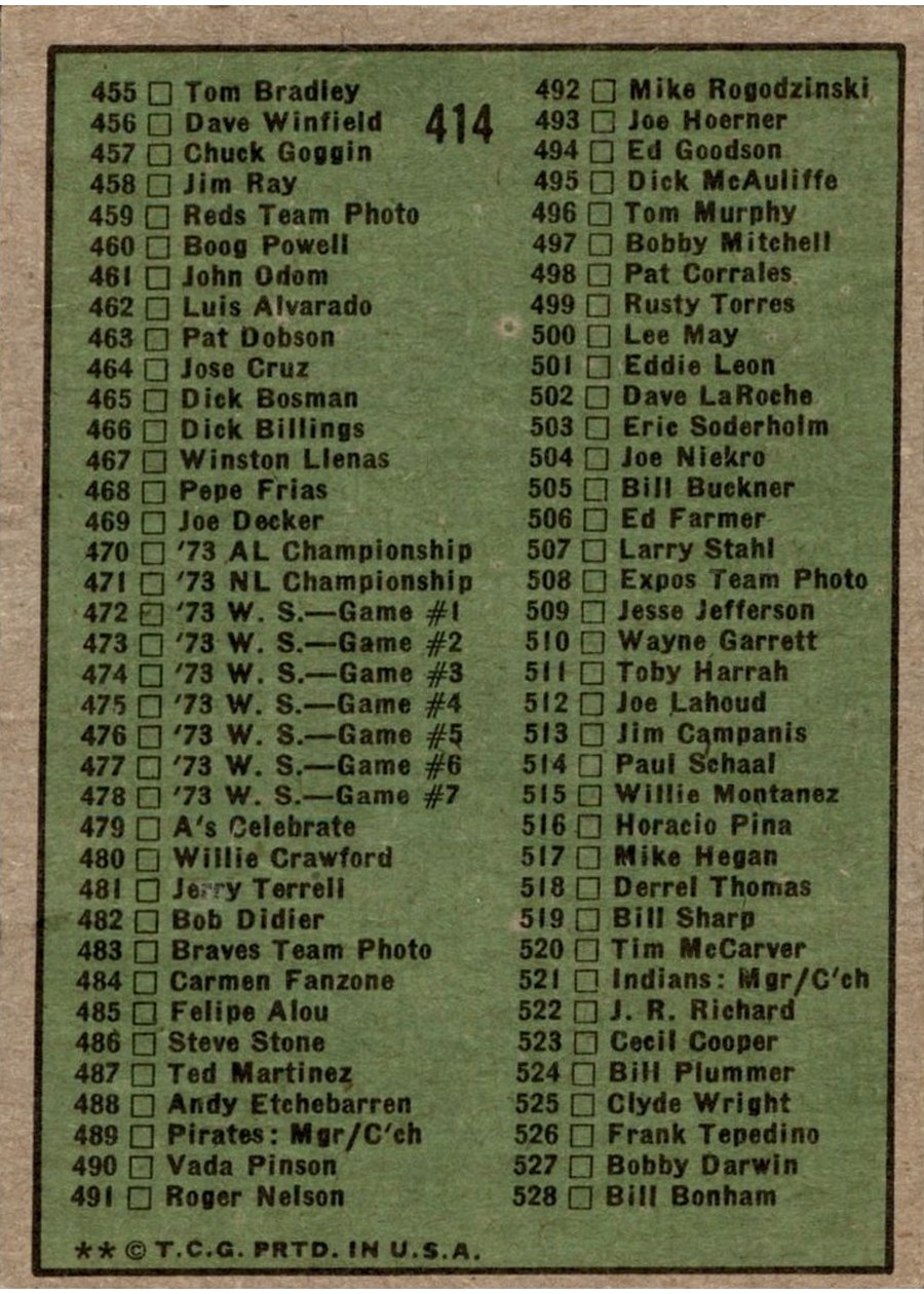 1974 Topps #414 Checklist: 397-528 card back