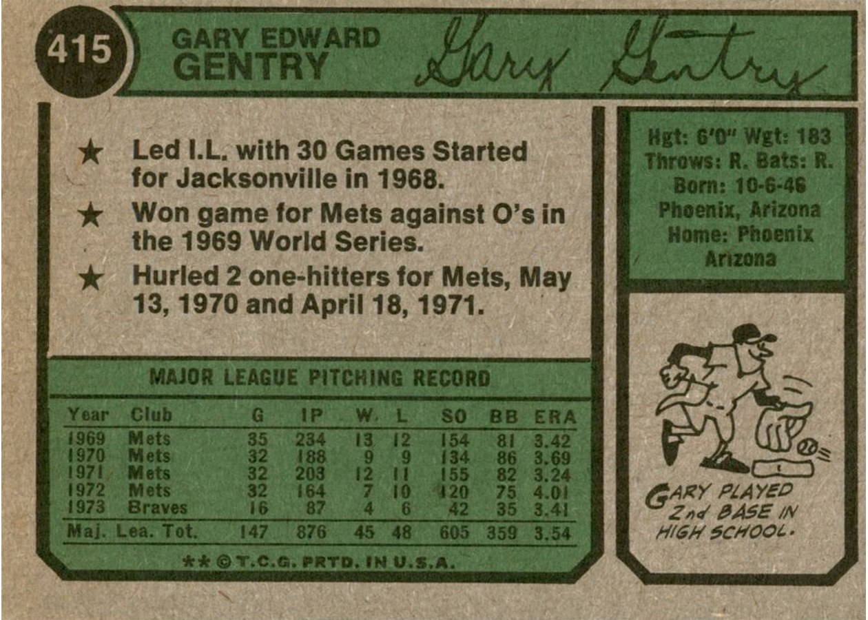 1974 Topps #415 Gary Gentry card back