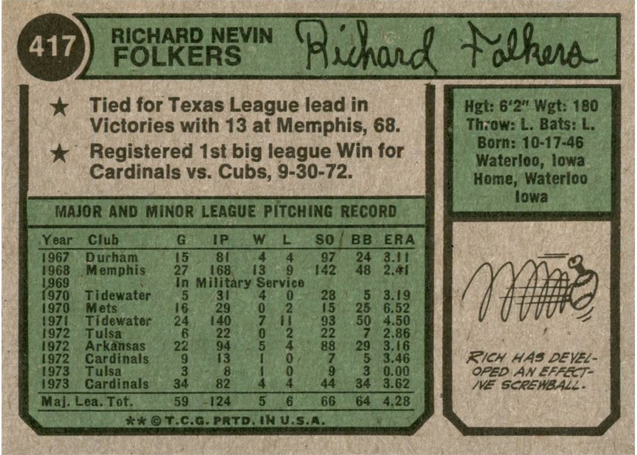 1974 Topps #417 Rich Folkers card back