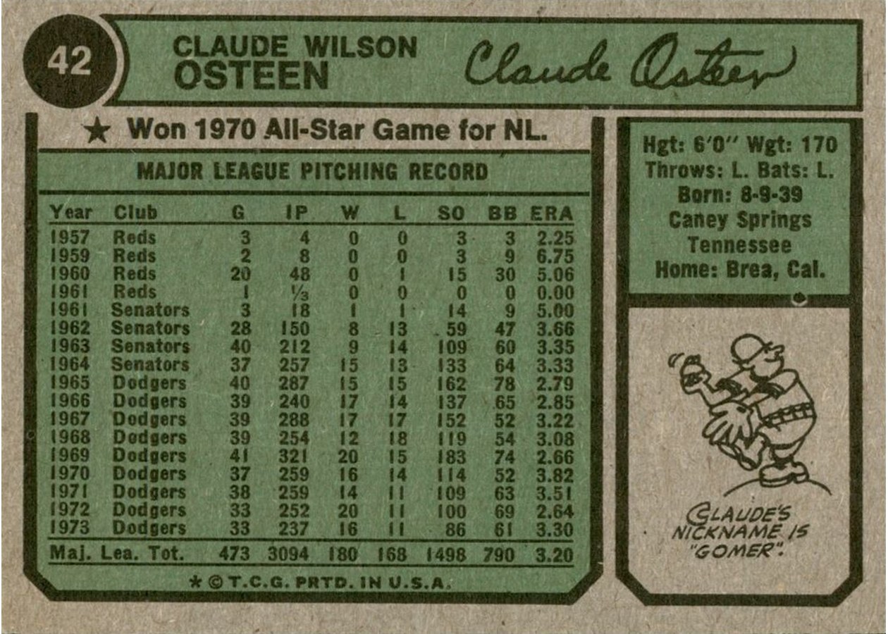 1974 Topps #42 Claude Osteen card back