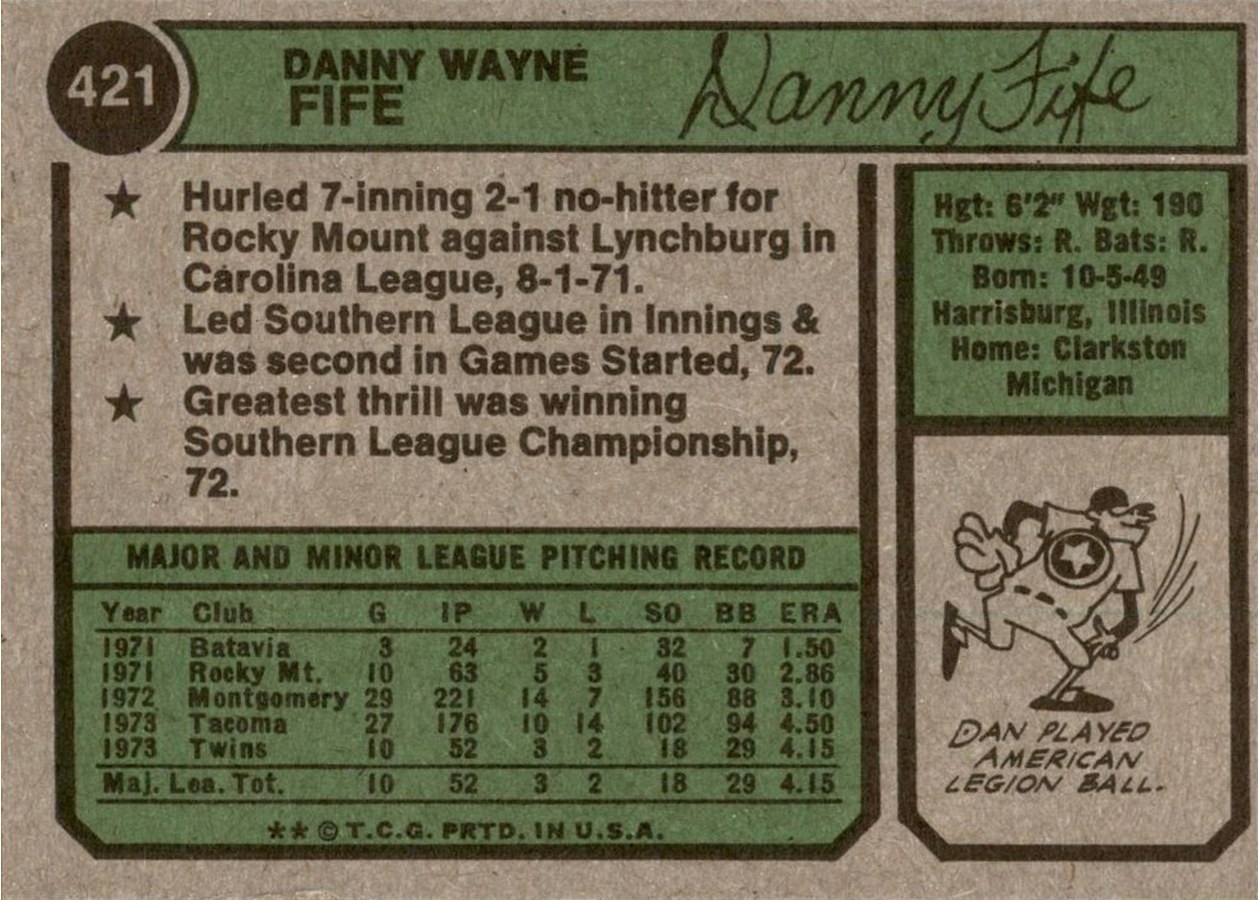 1974 Topps #421 Dan Fife card back