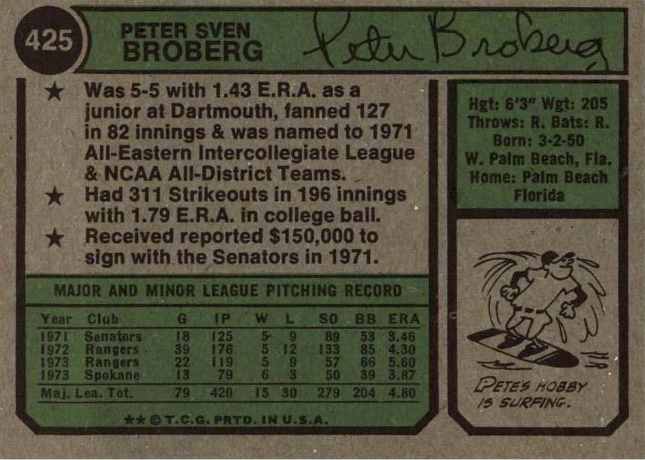 1974 Topps #425 Pete Broberg card back