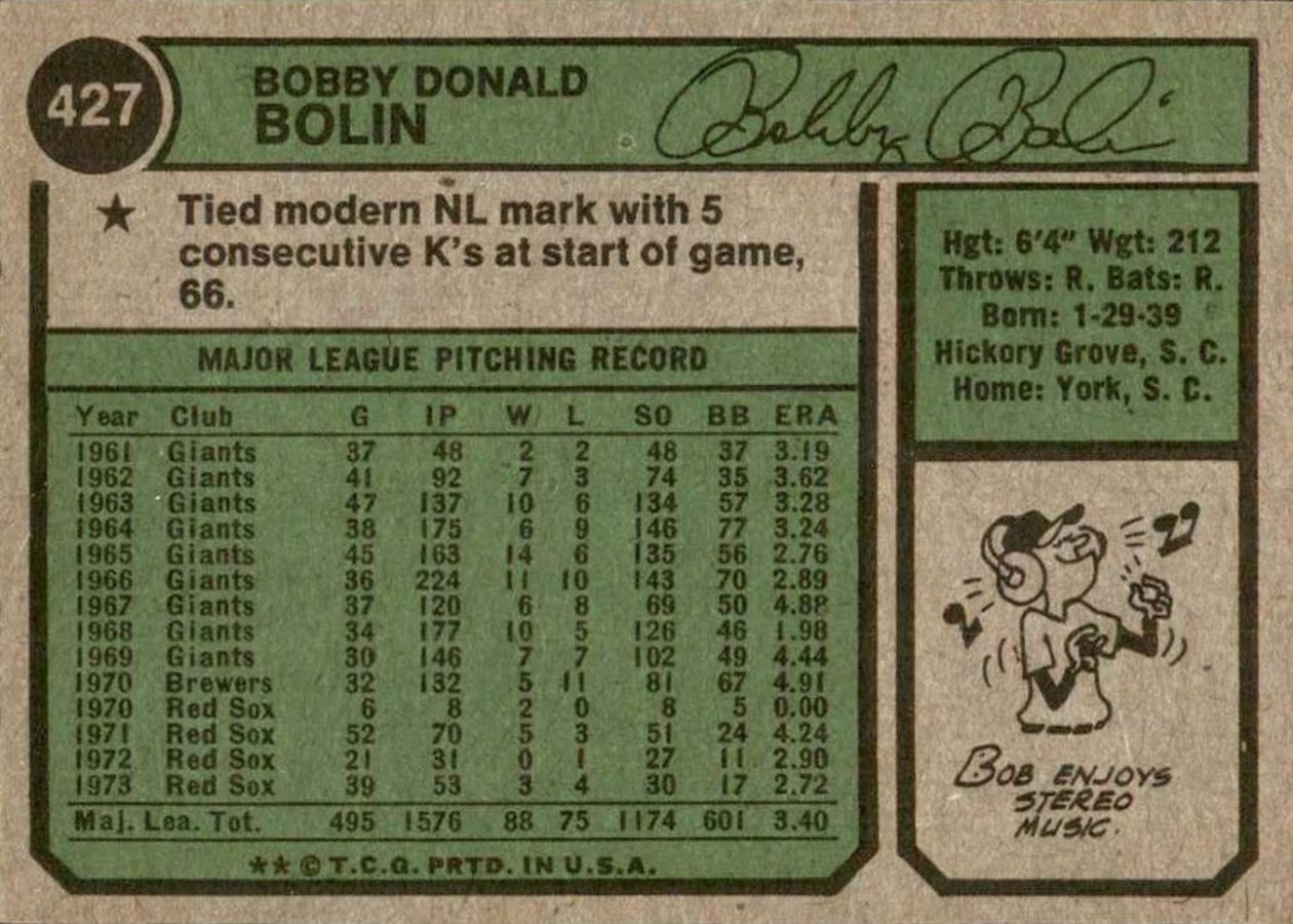 1974 Topps #427 Bobby Bolin card back