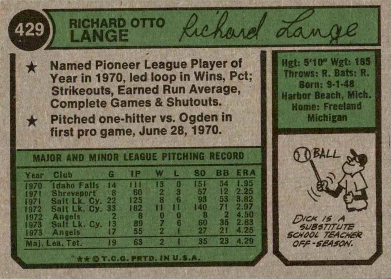 1974 Topps #429 Dick Lange card back