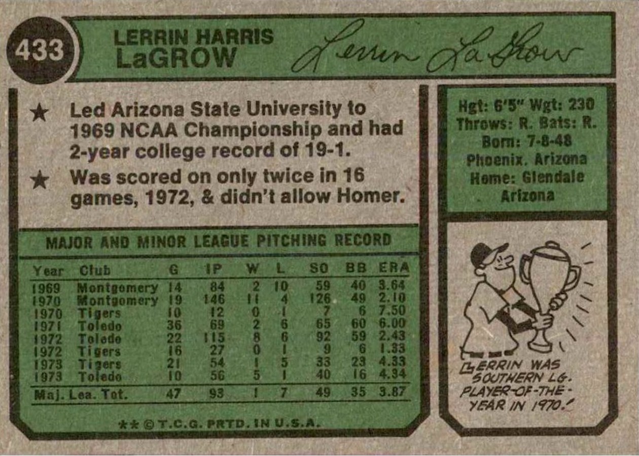 1974 Topps #433 Lerrin LaGrow card back