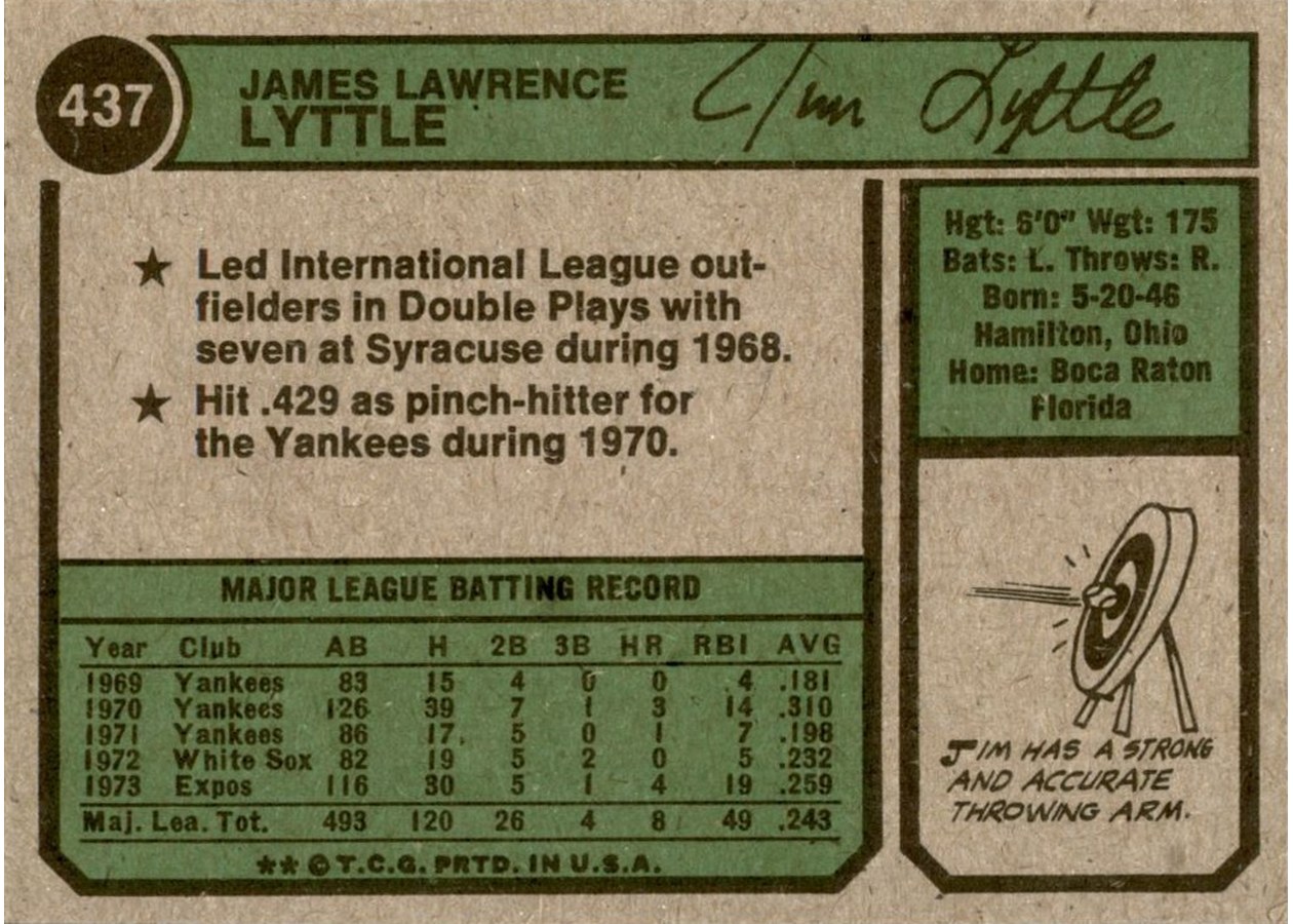 1974 Topps #437 Jim Lyttle card back