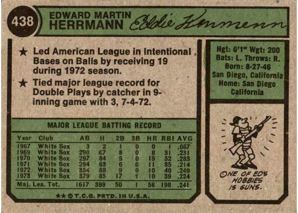 1974 Topps #438 Ed Herrmann card back