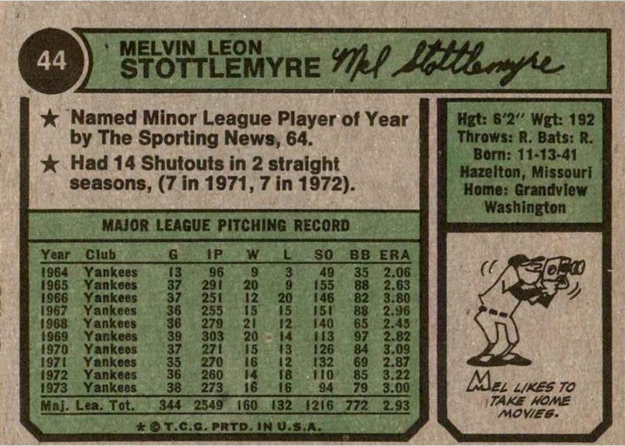 1974 Topps #44 Mel Stottlemyre card back