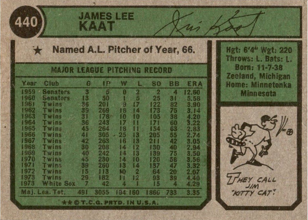 1974 Topps #440 Jim Kaat card back