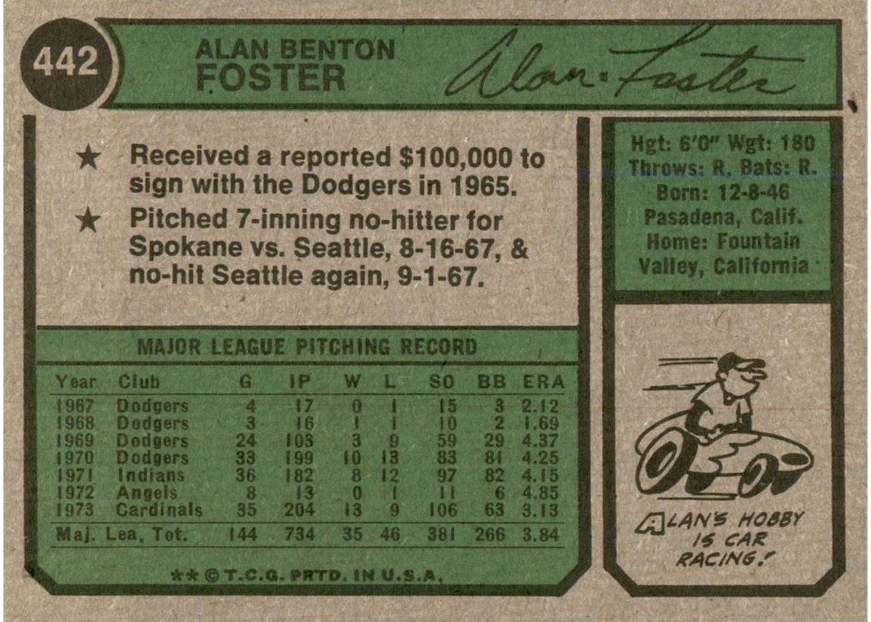 1974 Topps #442 Alan Foster card back