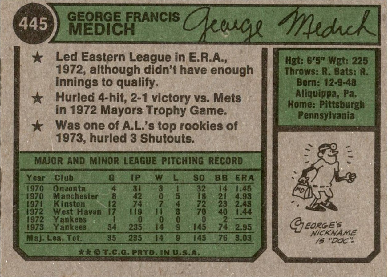 1974 Topps #445 George Medich card back