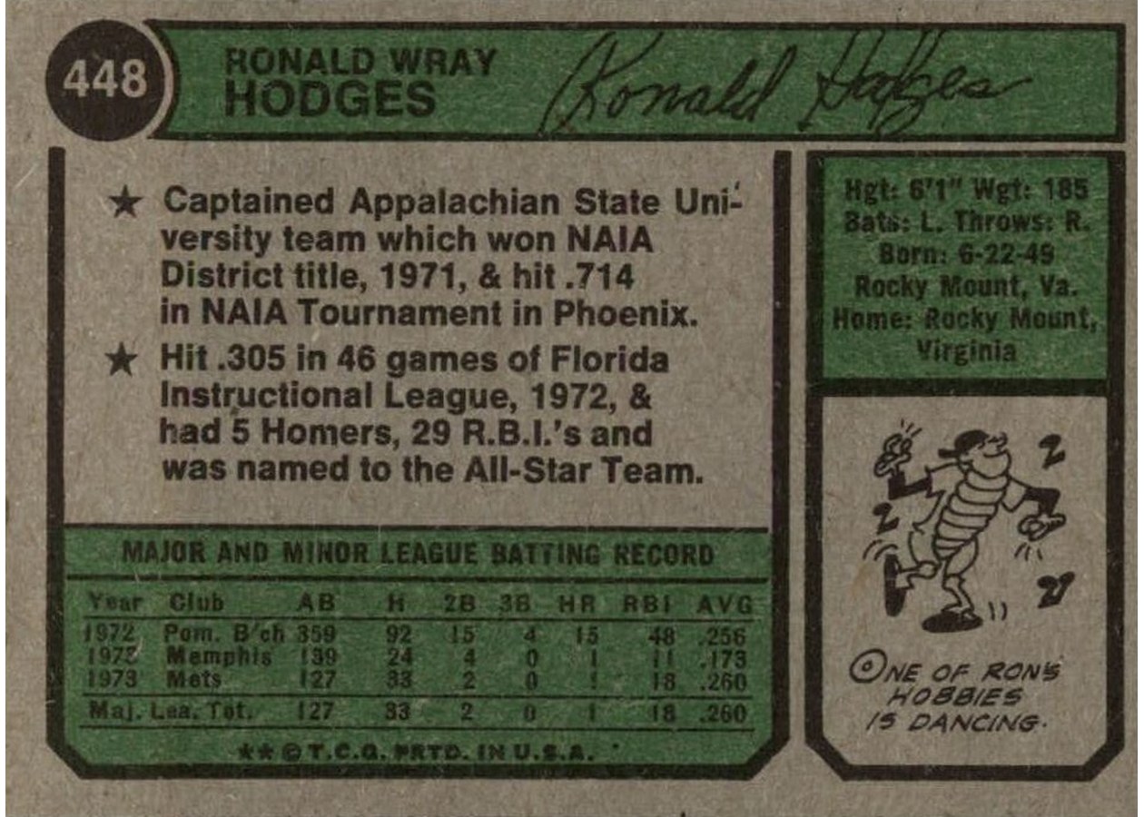 1974 Topps #448 Ron Hodges card back