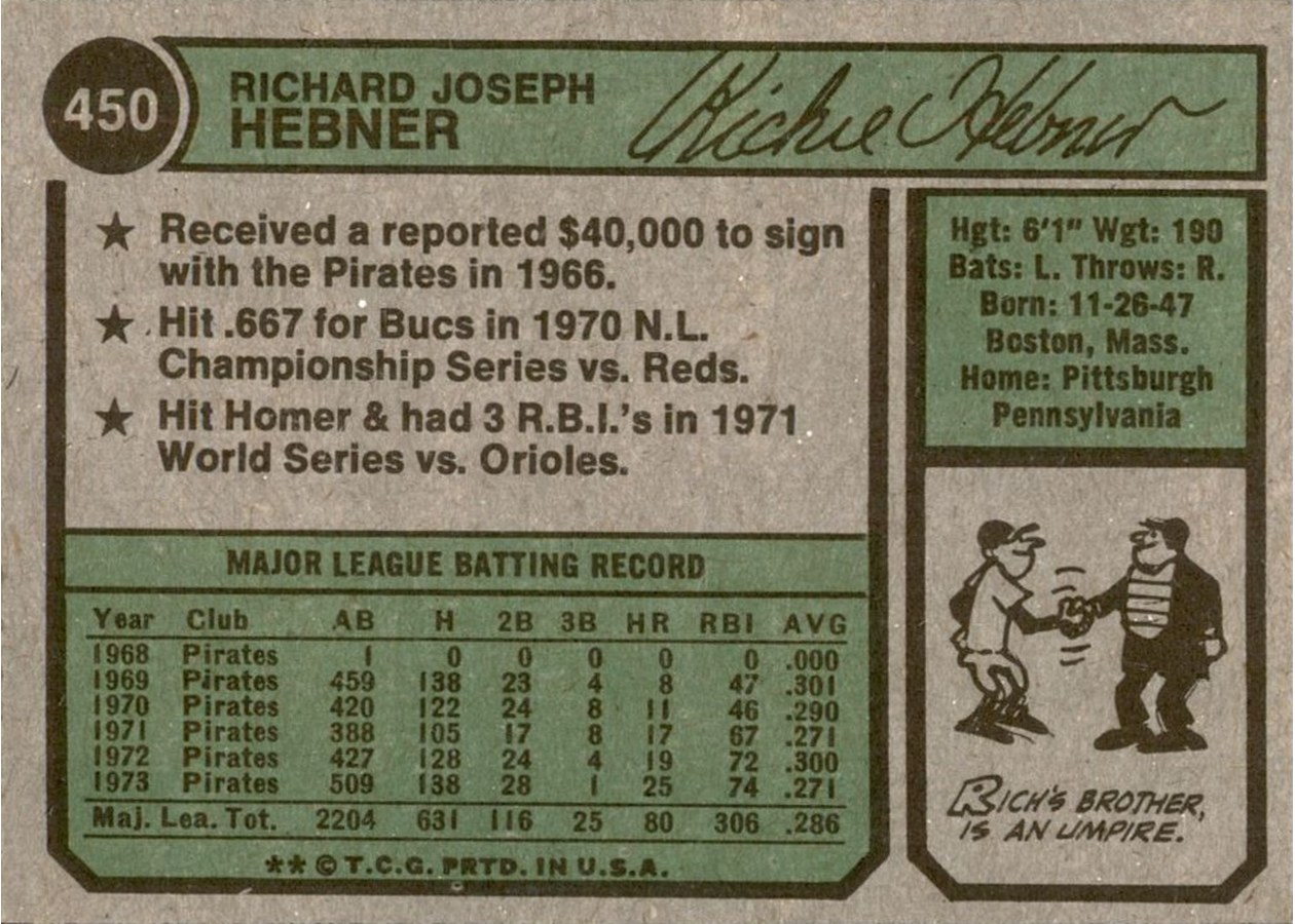 1974 Topps #450 Rich Hebner card back