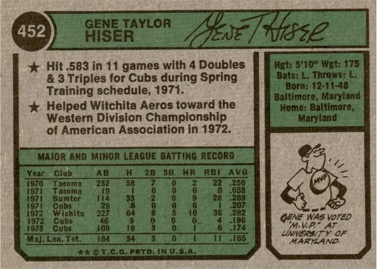 1974 Topps #452 Gene Hiser card back