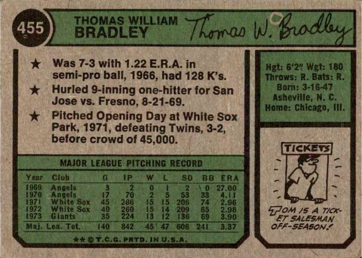 1974 Topps #455 Tom Bradley card back