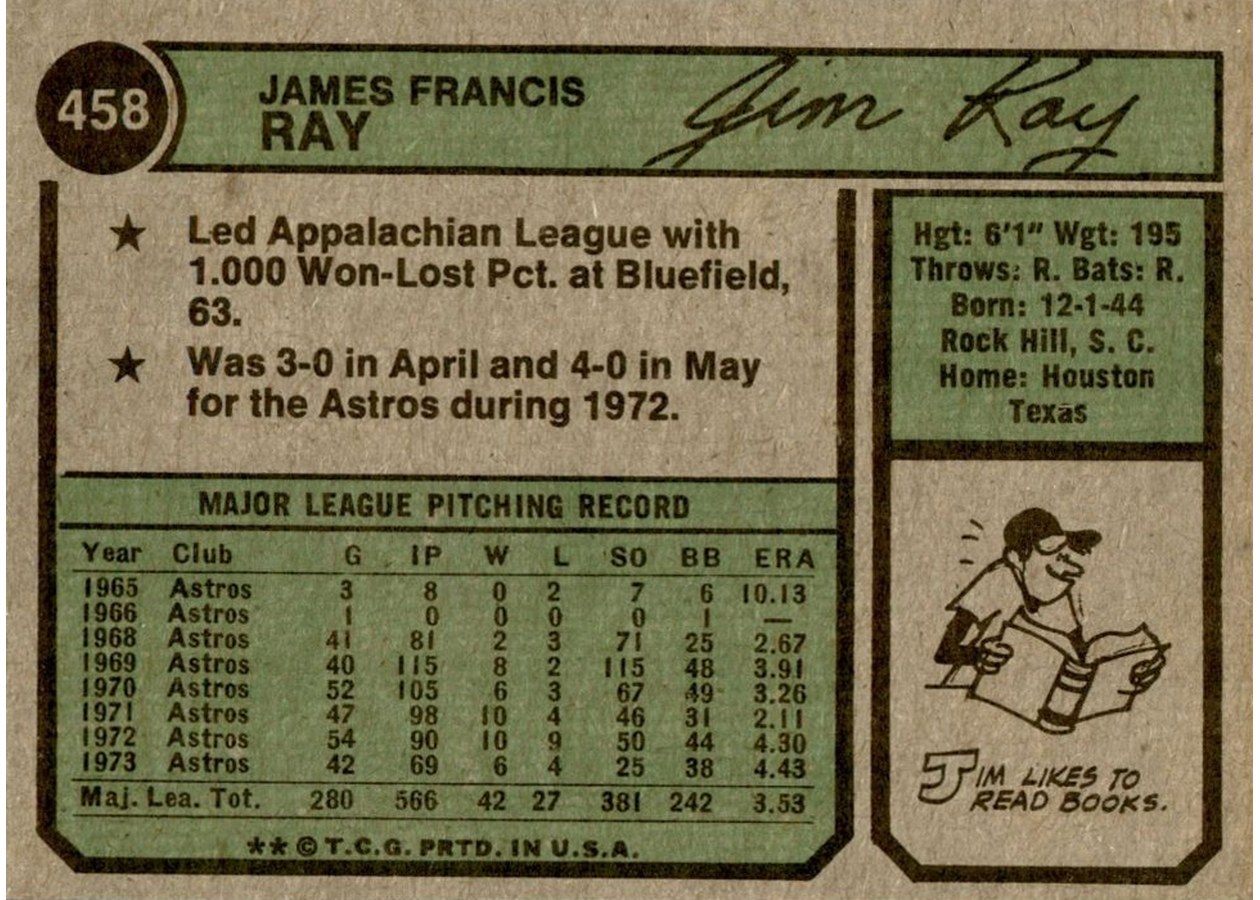 1974 Topps #458 Jim Ray card back