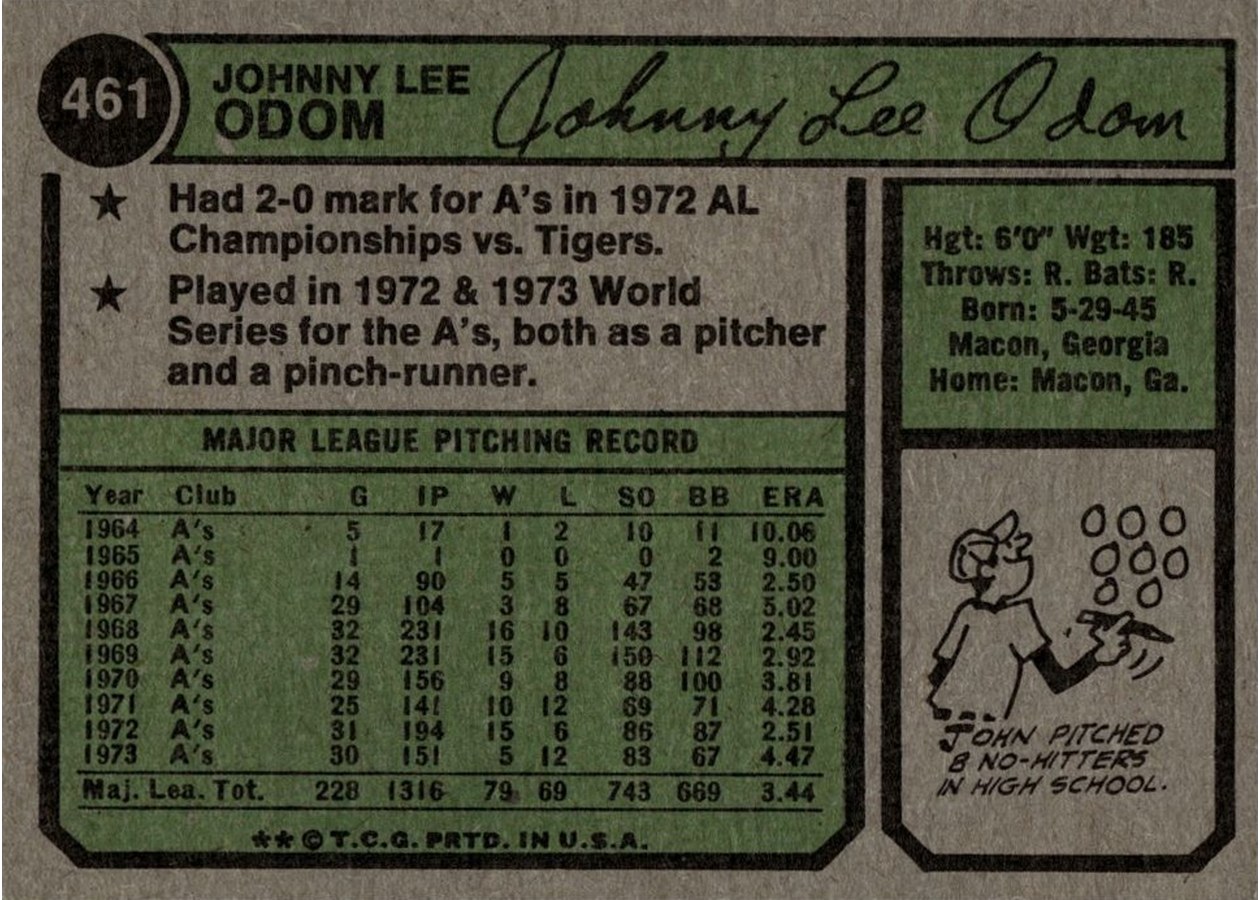 1974 Topps #461 John Odom card back