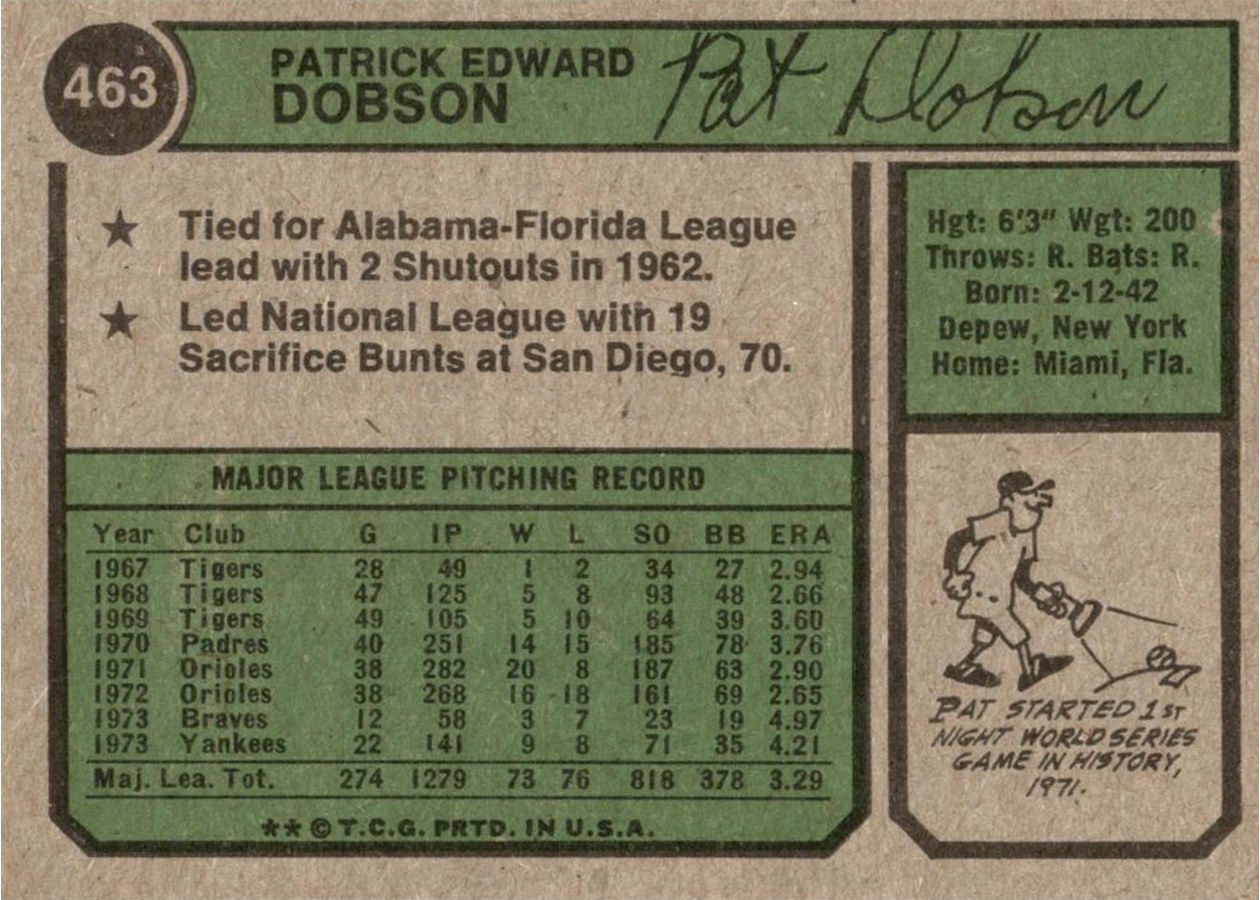 1974 Topps #463 Pat Dobson card back