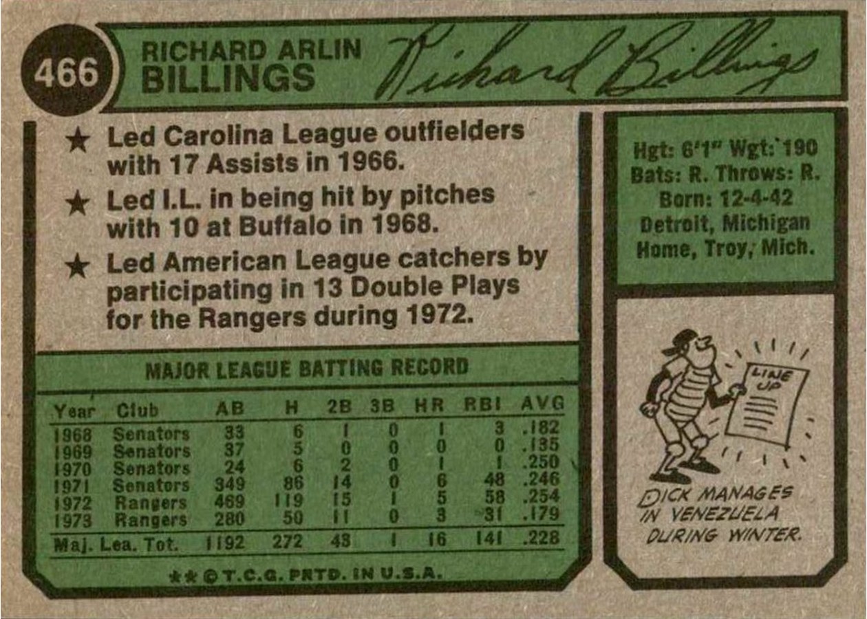 1974 Topps #466 Dick Billings card back