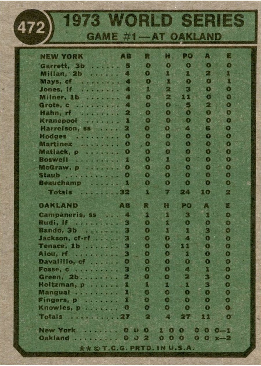 1974 Topps #472 '73 World Series Game #1 card back