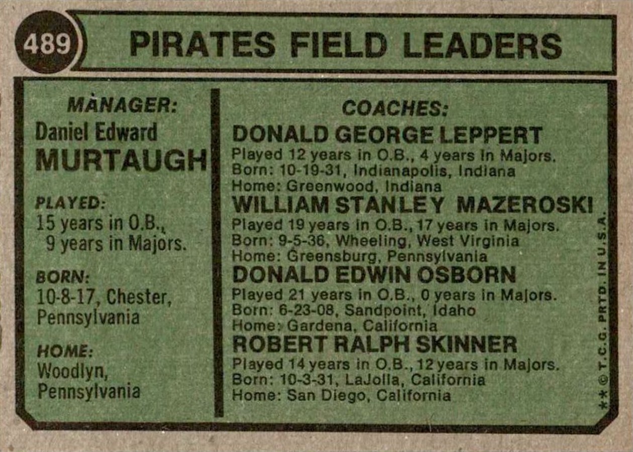 1974 Topps #489 Pirates Field Leaders card back