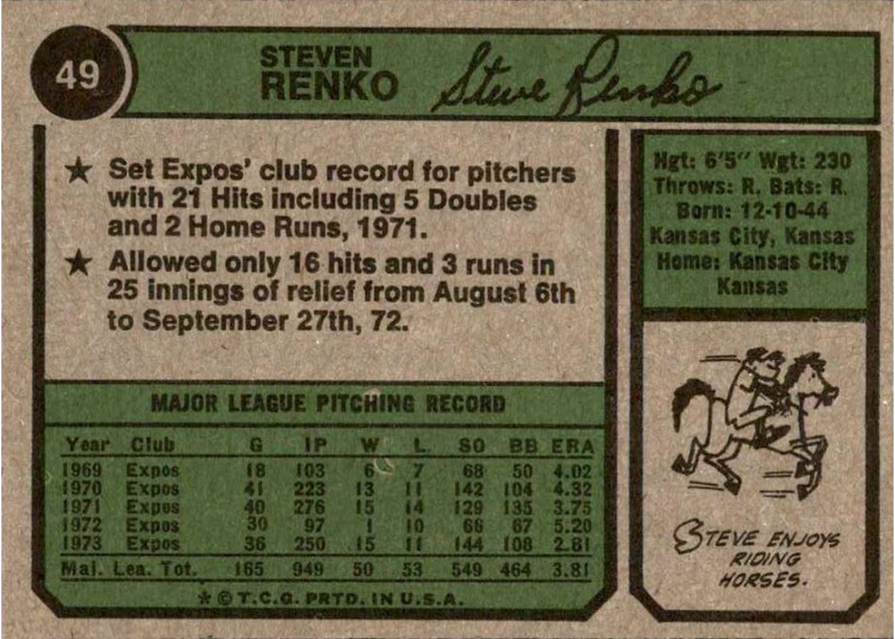 1974 Topps #49 Steve Renko card back