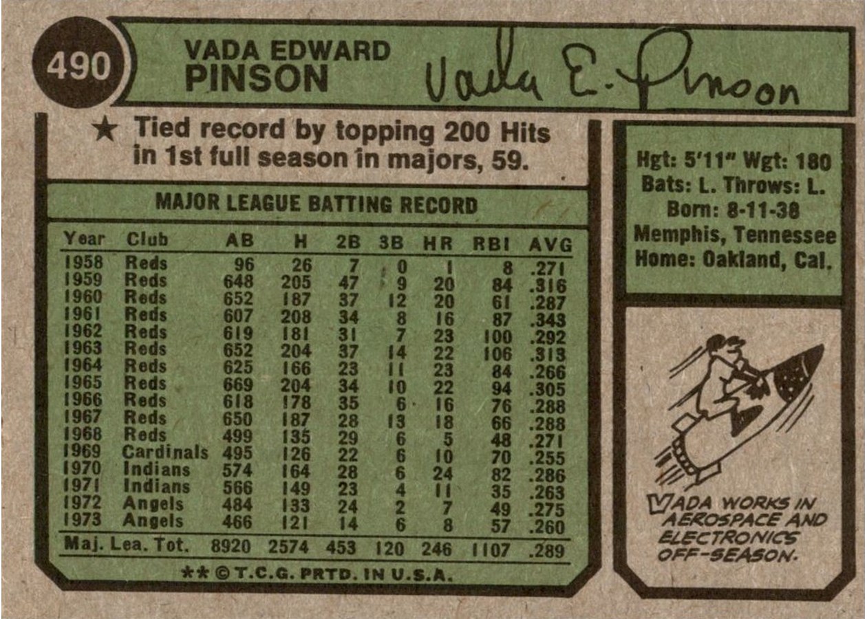 1974 Topps #490 Vada Pinson card back