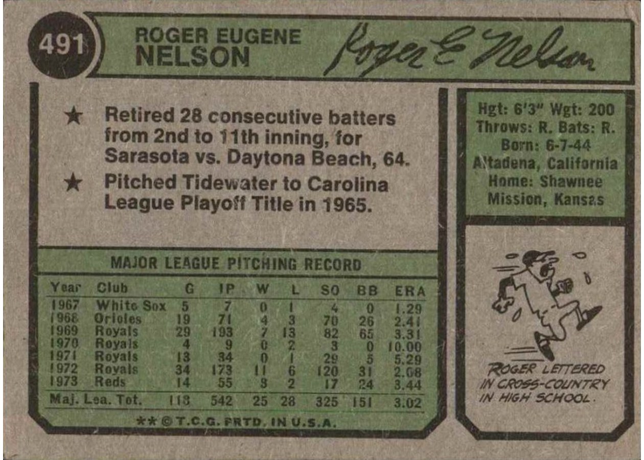 1974 Topps #491 Roger Nelson card back
