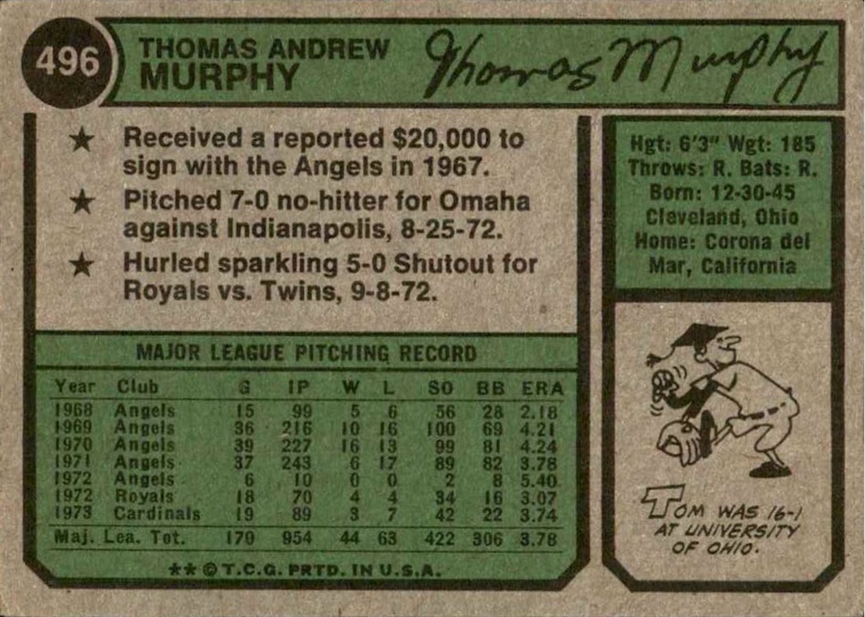 1974 Topps #496 Tom Murphy card back