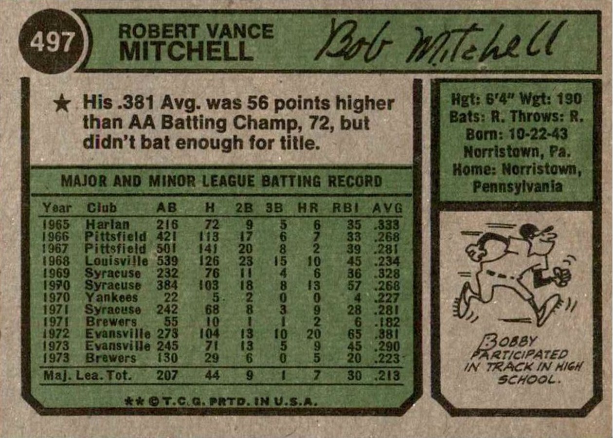 1974 Topps #497 Bobby Mitchell card back