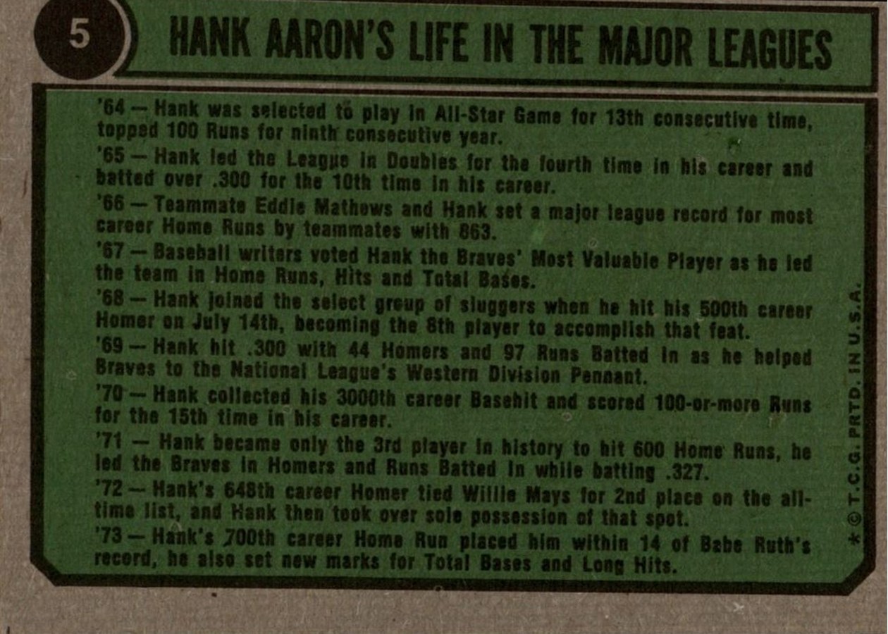 1974 Topps #5 Hank Aaron Special: 1966-1969 card back