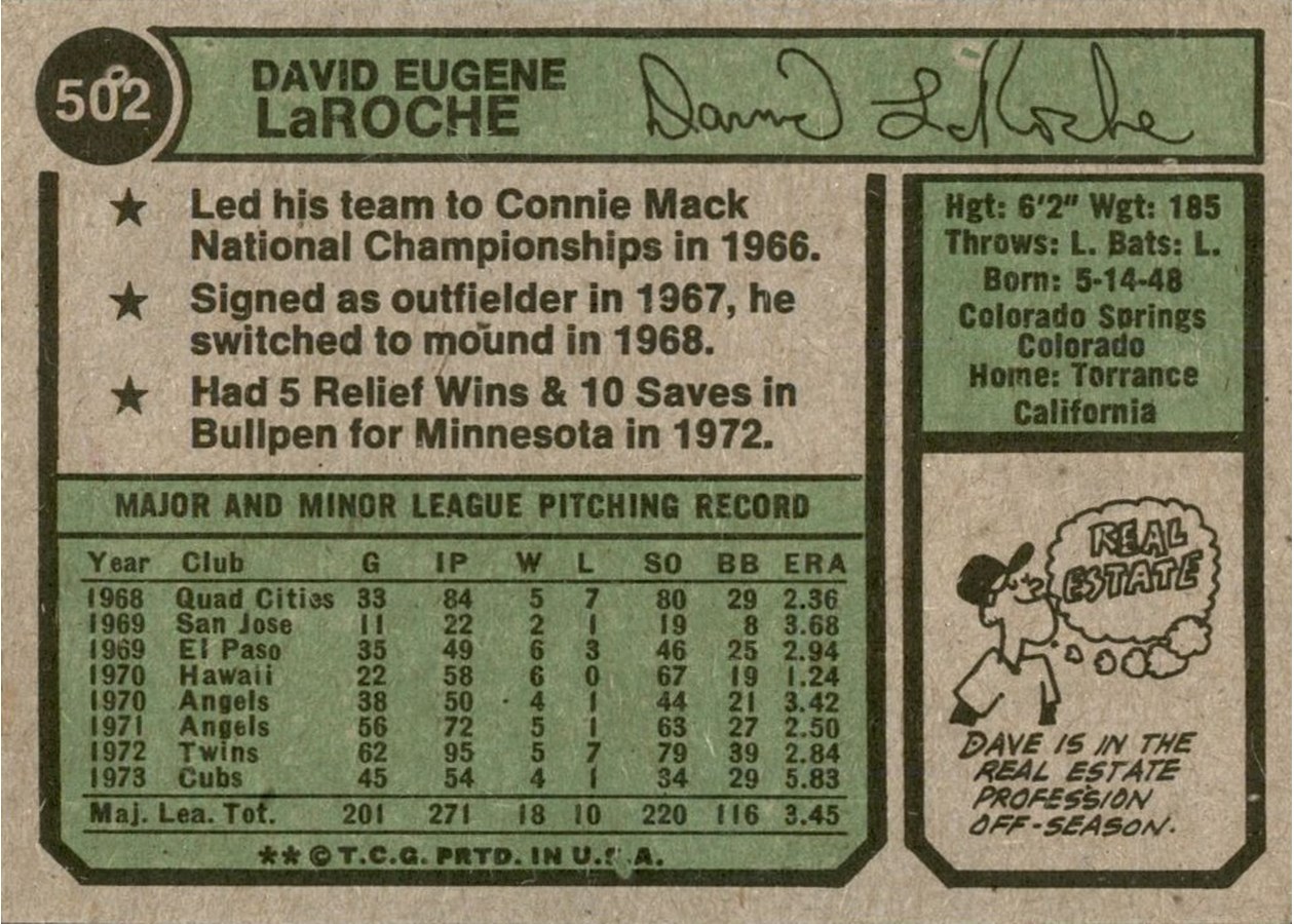 1974 Topps #502 Dave LaRoche card back