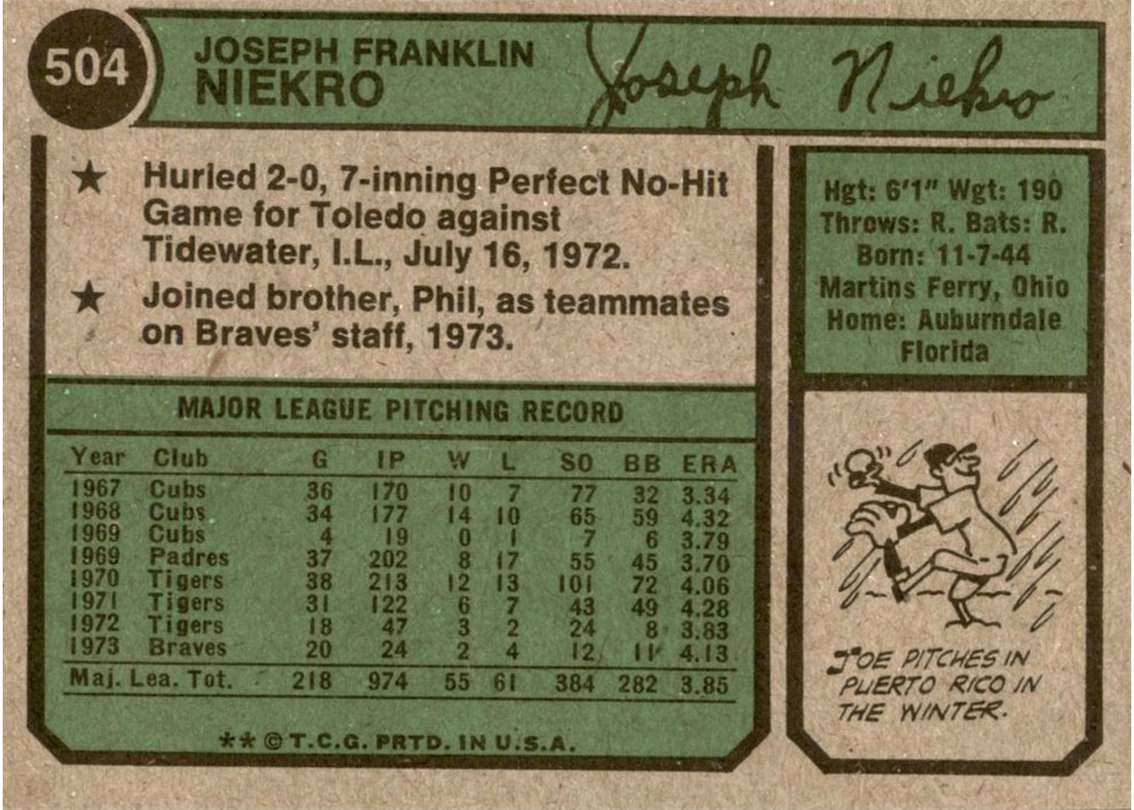 1974 Topps #504 Joe Niekro card back