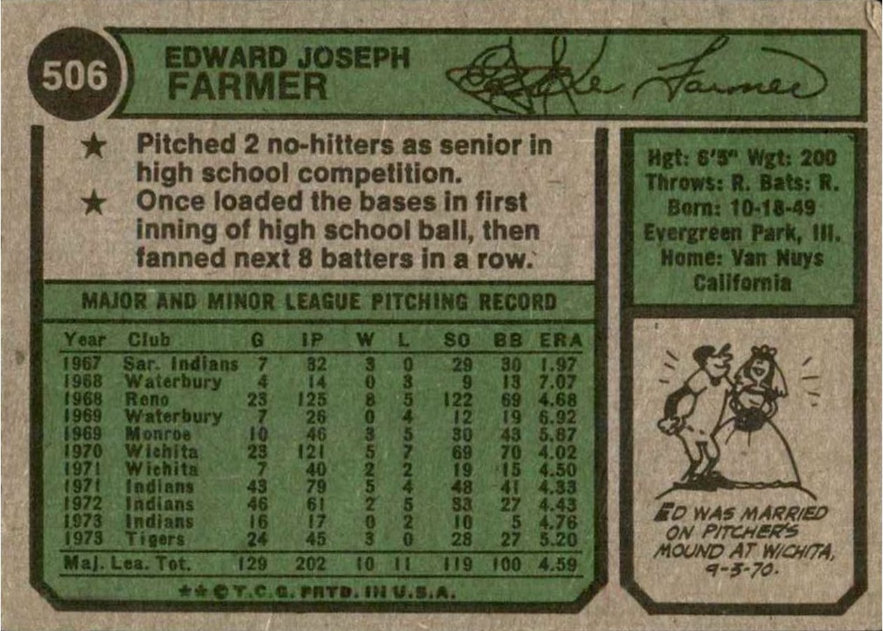 1974 Topps #506 Ed Farmer card back